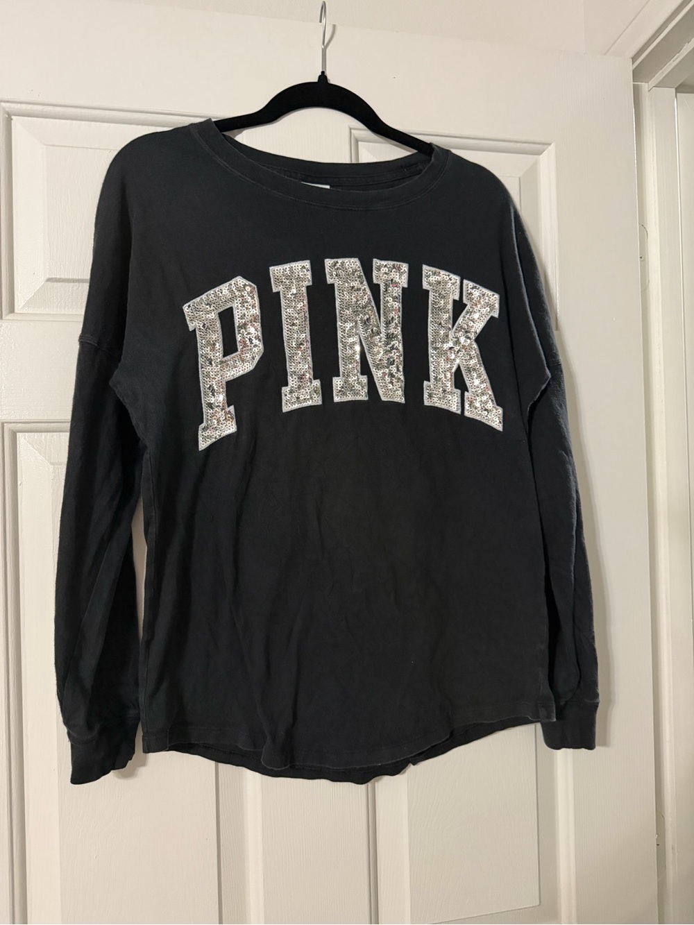 Victoria’s Secret PINK Black Silver Sequin Logo Long Sleeve Shirt Size XS